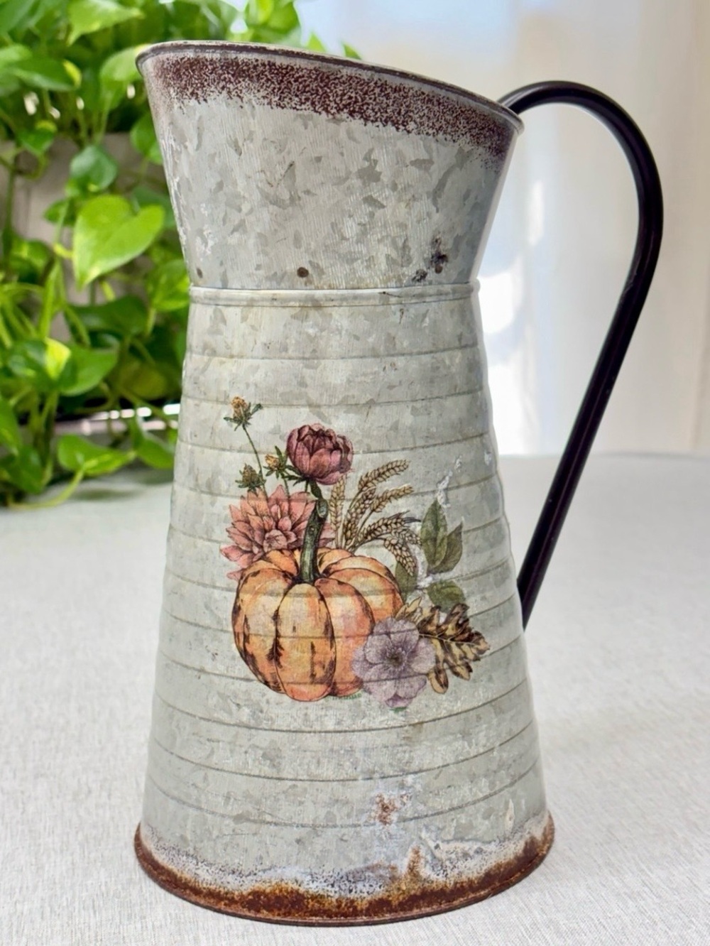 Upcycled Pumpkin & Floral Galvanized Pitcher Fall Farmhouse Decor